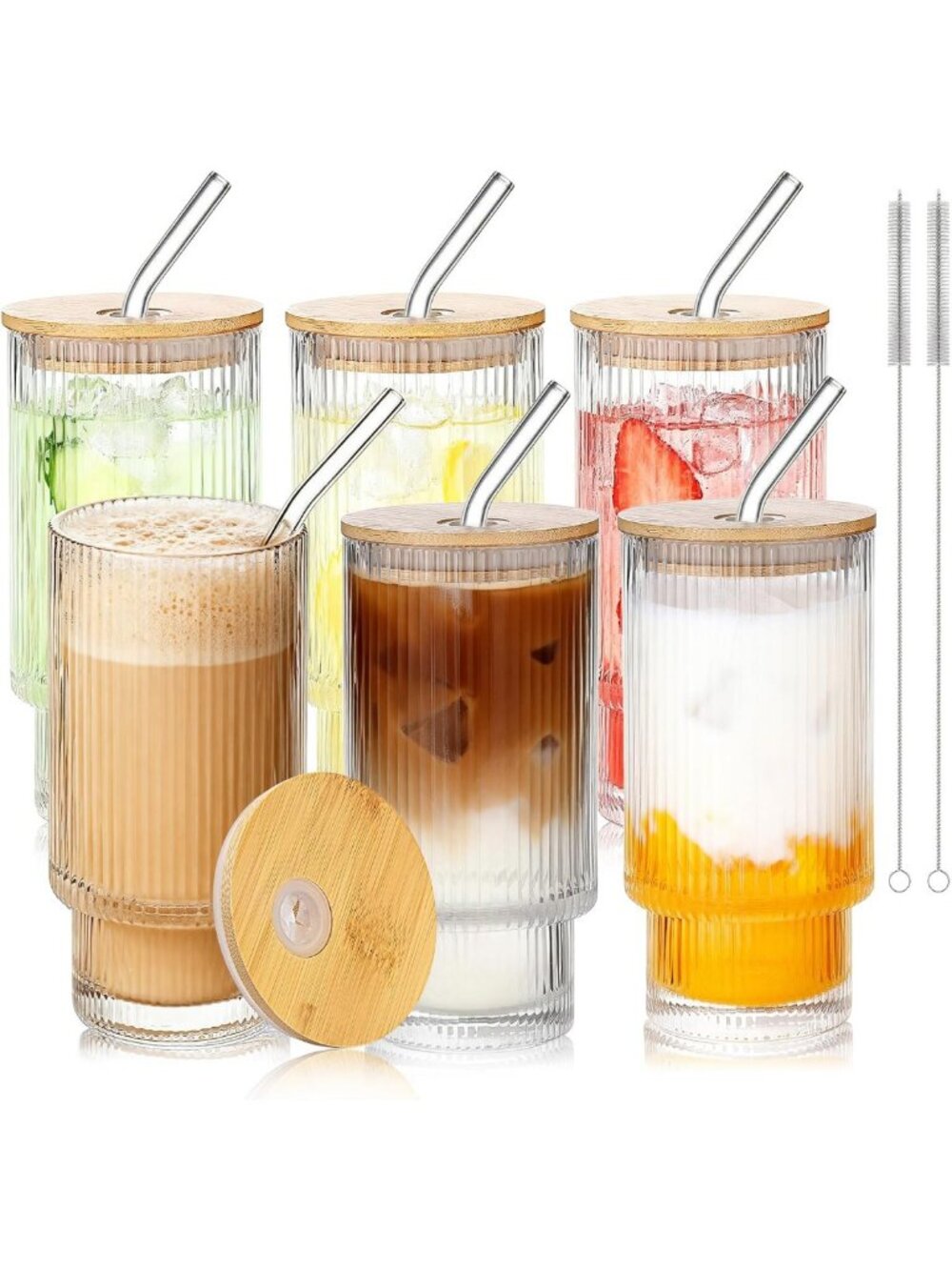 16oz Ribbed Glass Tumblers with Lids & Straws - Reusable Iced Coffee Cups